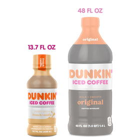Chilled Dunkin French Vanilla Iced Coffee served over ice for a smooth sip.