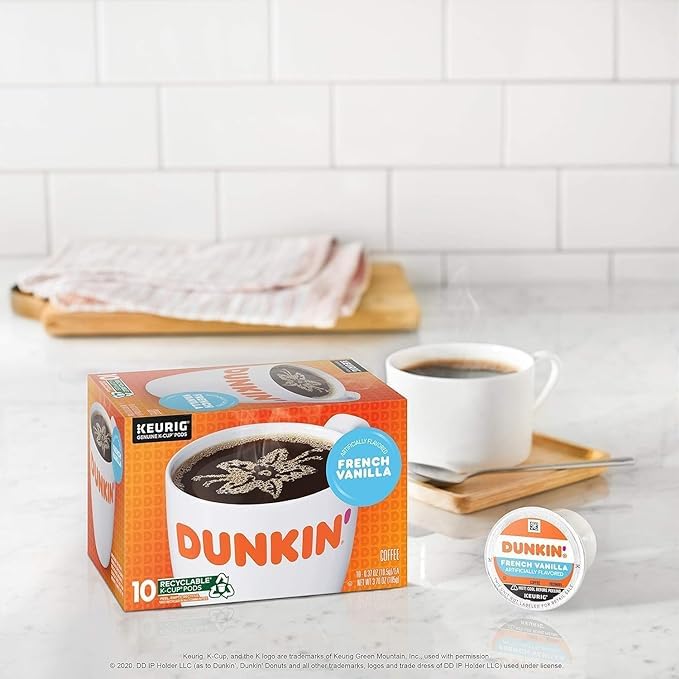 Dunkin French Vanilla K-Cups box offers a sweet, comforting aroma.
