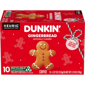 Dunkin' Gingerbread coffee pods in a 10-count box for quick, cozy mornings.