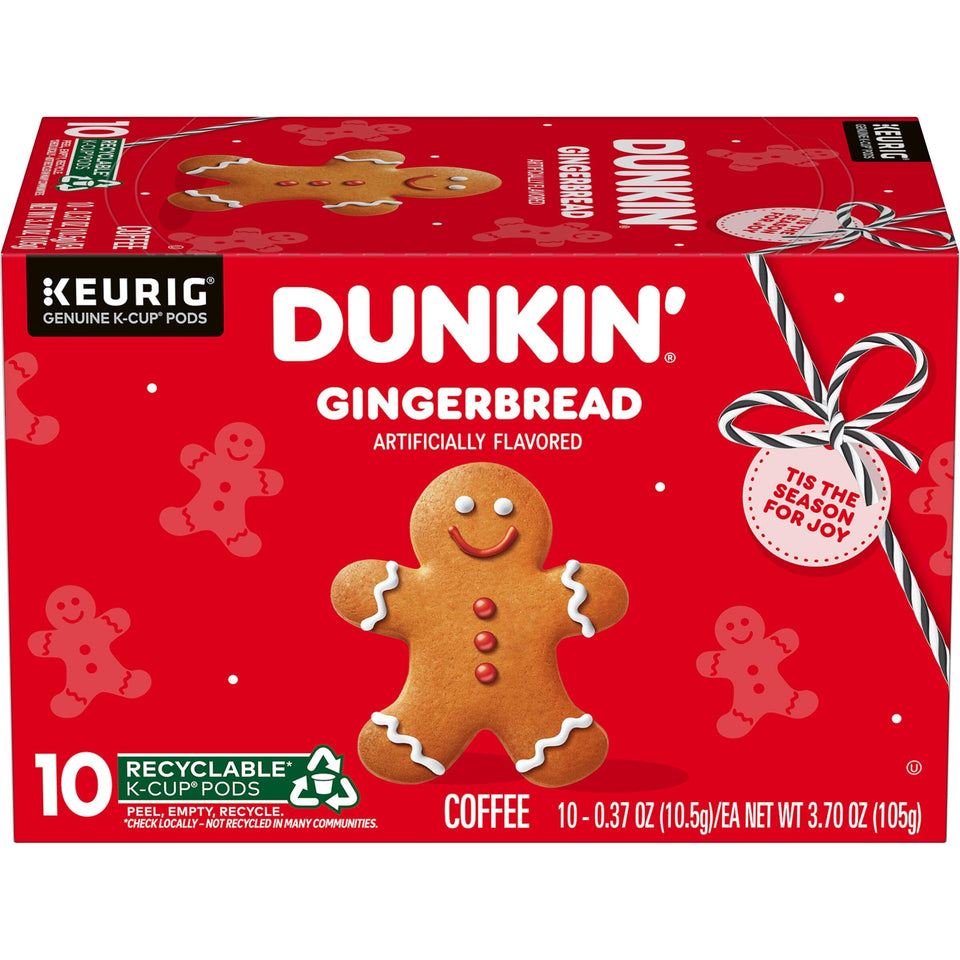 Dunkin' Gingerbread coffee pods in a 10-count box for quick, cozy mornings.