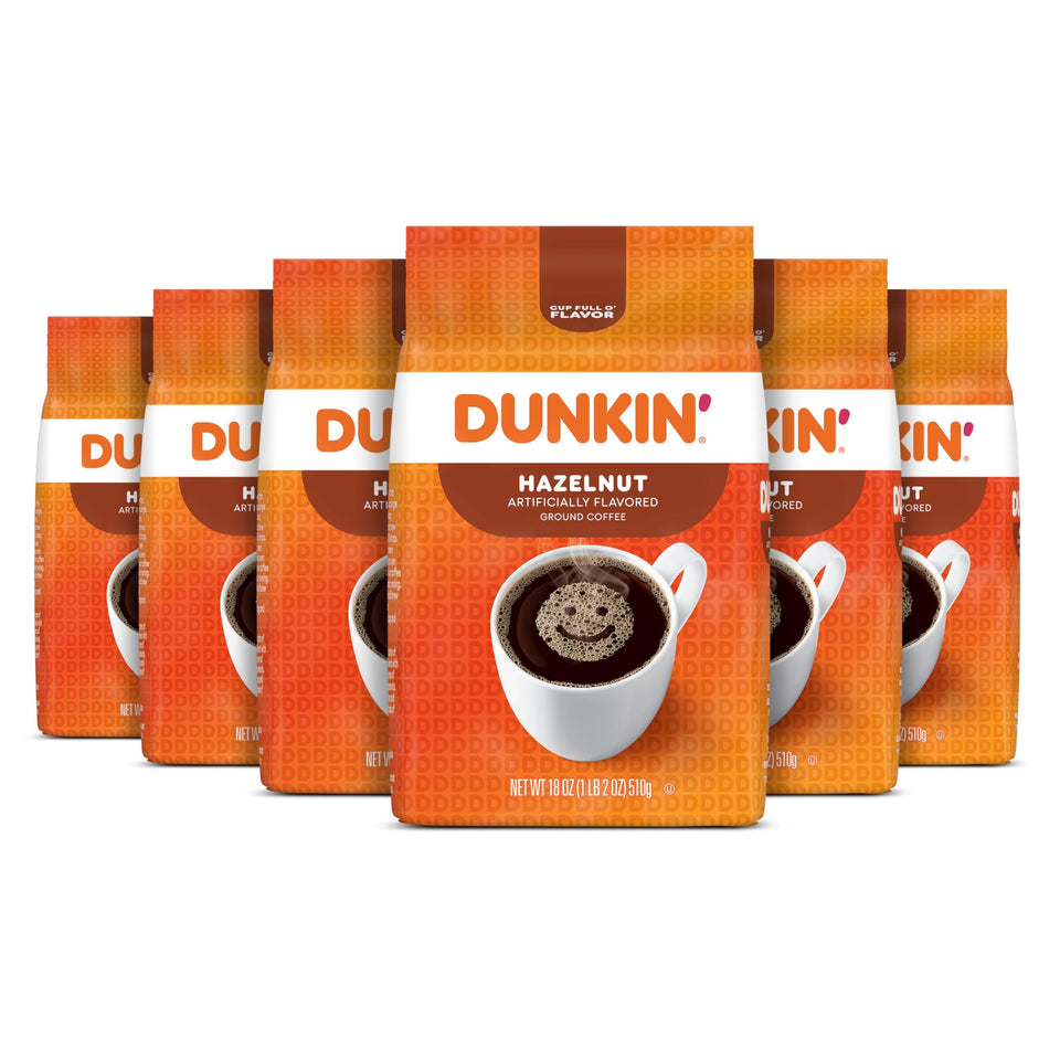 Dunkin Hazelnut ground coffee six-pack front label for easy home brewing