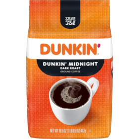 Dunkin' Midnight ground coffee bag for home brewing and bold mornings.