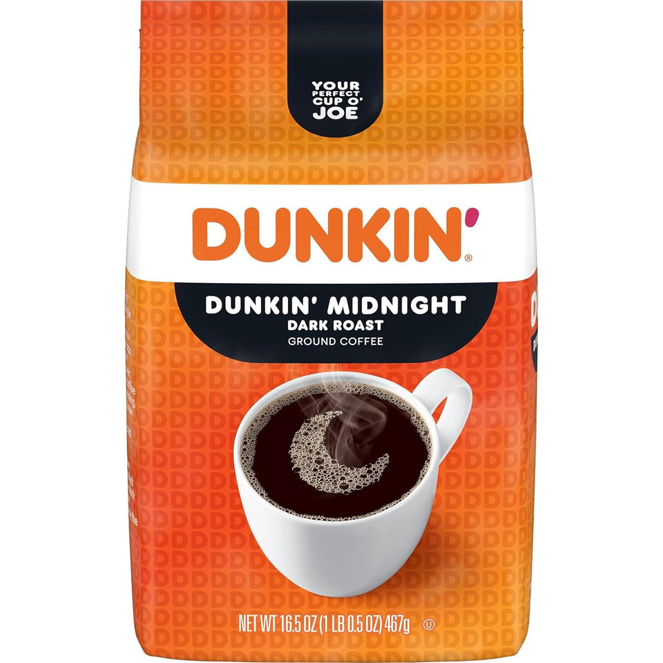 Dunkin' Midnight ground coffee bag for home brewing and bold mornings.