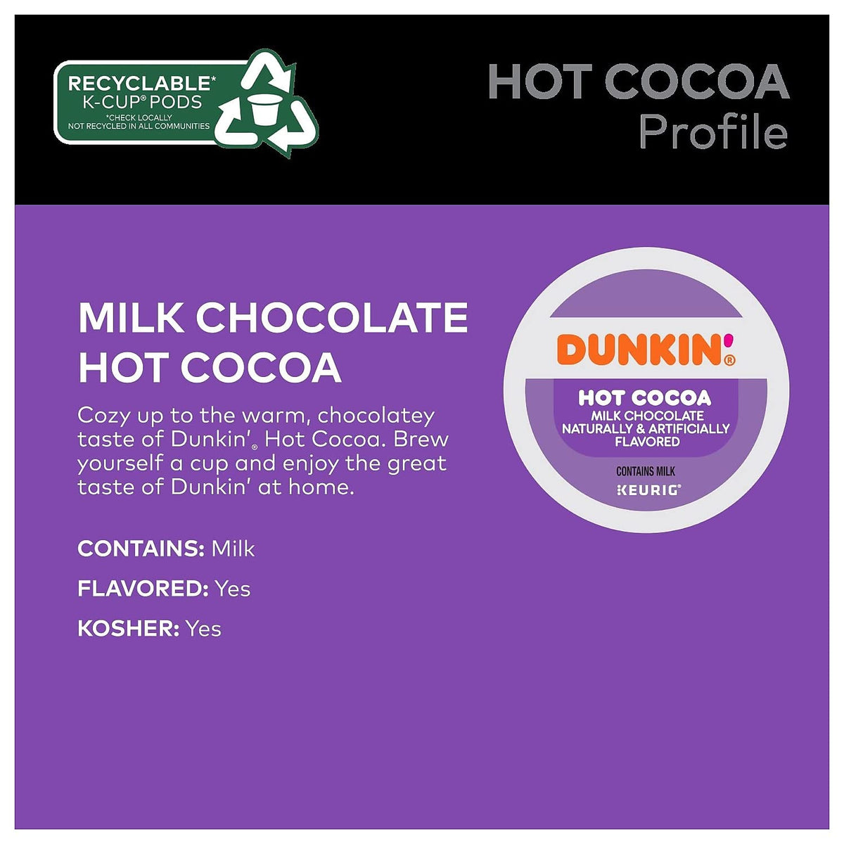 Dunkin Milk Chocolate Hot Cocoa Pods closeup highlights velvety chocolate