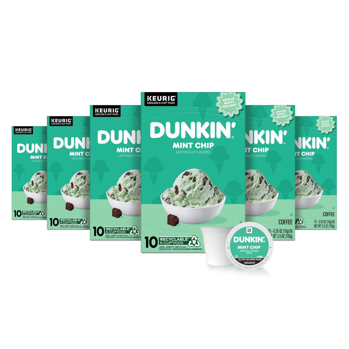 Dunkin Mint Chip coffee pods in a six-pack, convenient for quick morning brews.