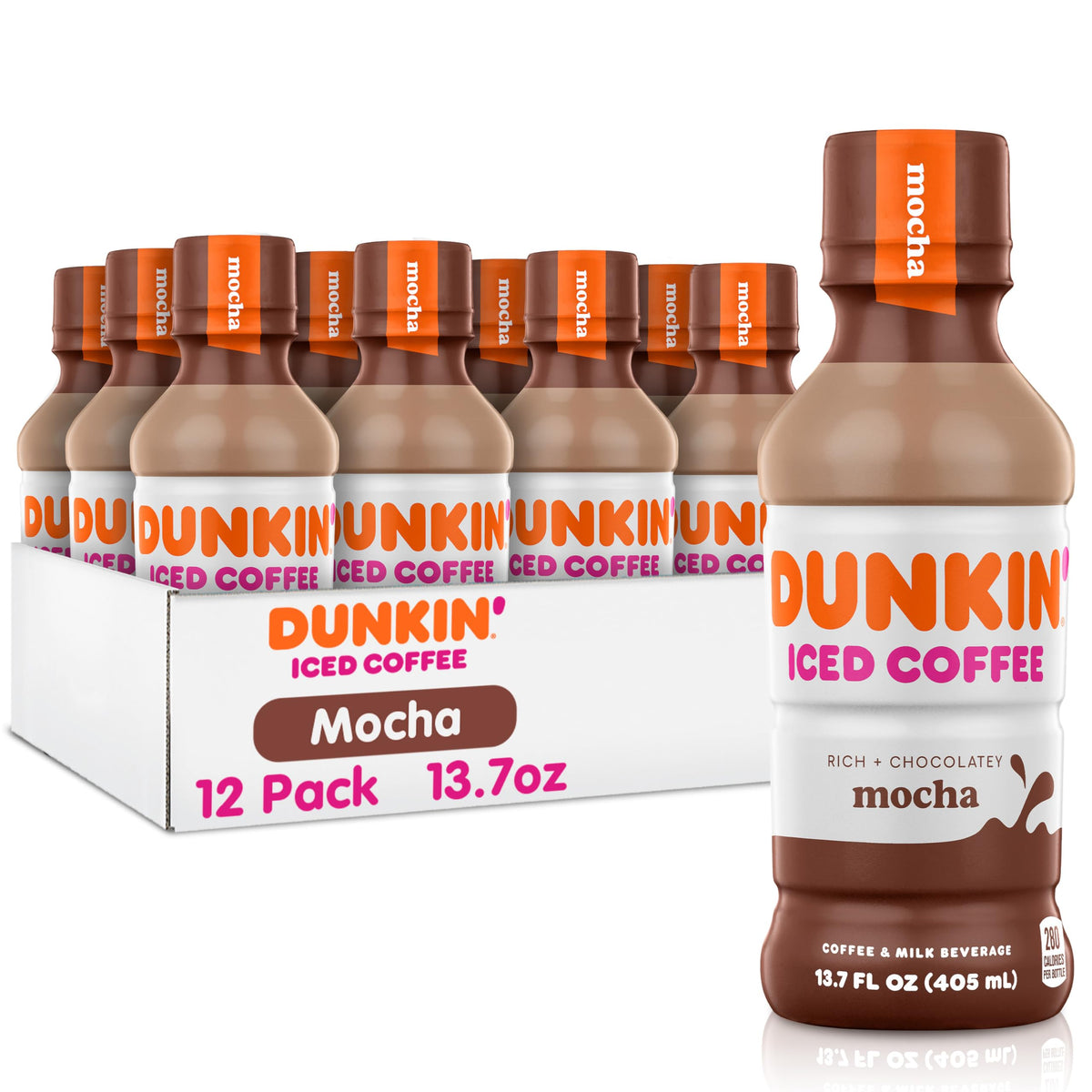 Dunkin Mocha Iced Coffee bottle with 13.7 fl oz ready to energize your day
