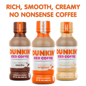 Dunkin Mocha Iced Coffee bottle on kitchen counter for quick access