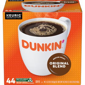 Dunkin Original Blend K-Cup pods ready for quick Keurig brewing.