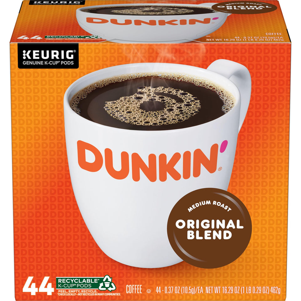 Dunkin Original Blend K-Cup pods ready for quick Keurig brewing.