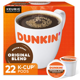 Dunkin Original Blend coffee pods packaging for convenient single-serve brewing.