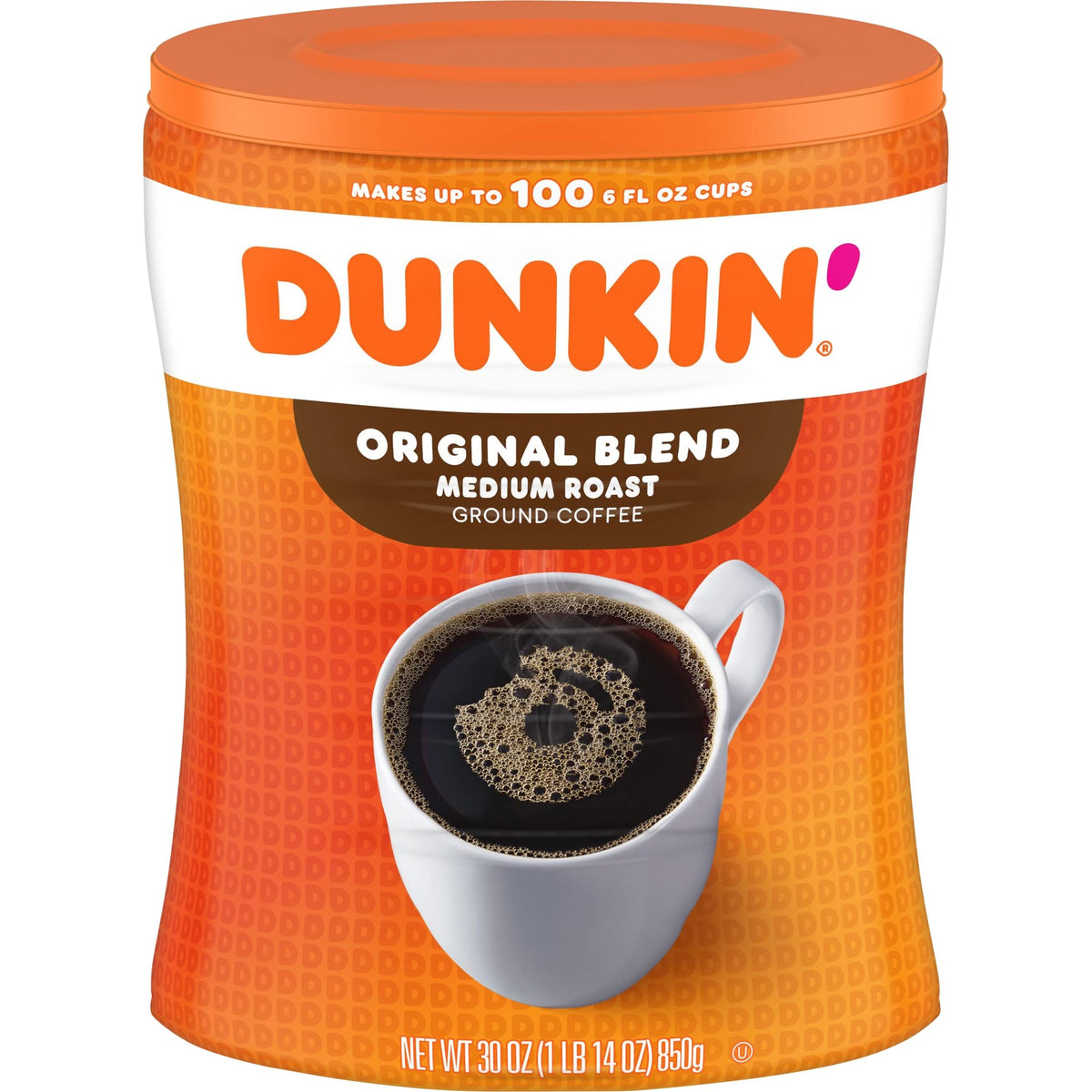 Dunkin' Original Blend ground canister close-up showing rich aroma for any brew