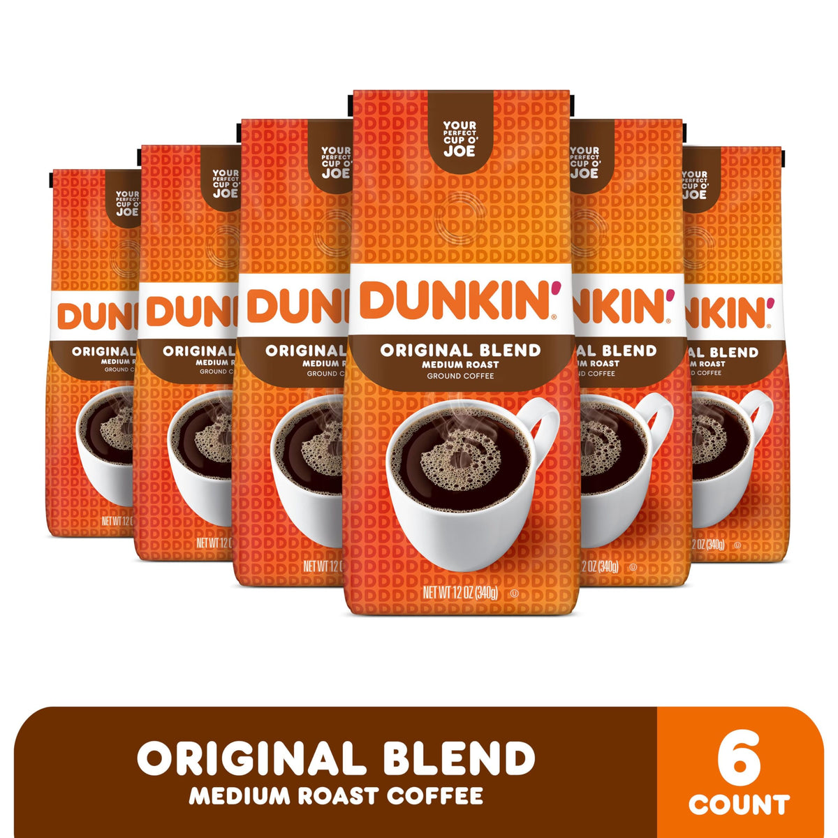 Dunkin Original Blend bags on display showcase convenient six-pack packaging.