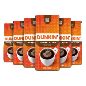 Dunkin Original Blend ground coffee six-pack ready for daily brewing.