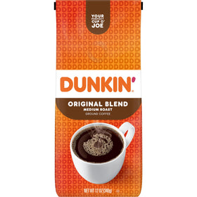 Pantry-ready Dunkin Original Blend packaging stored neatly for easy refills.