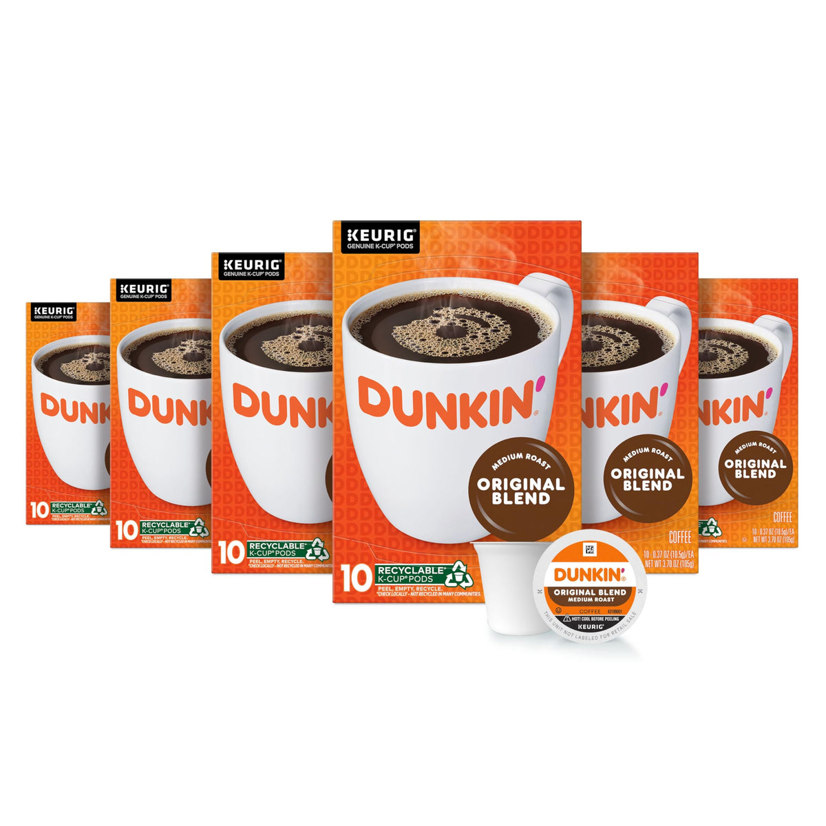 Dunkin Original Blend K-Cup pods box front, convenient six-box bundle for busy mornings.