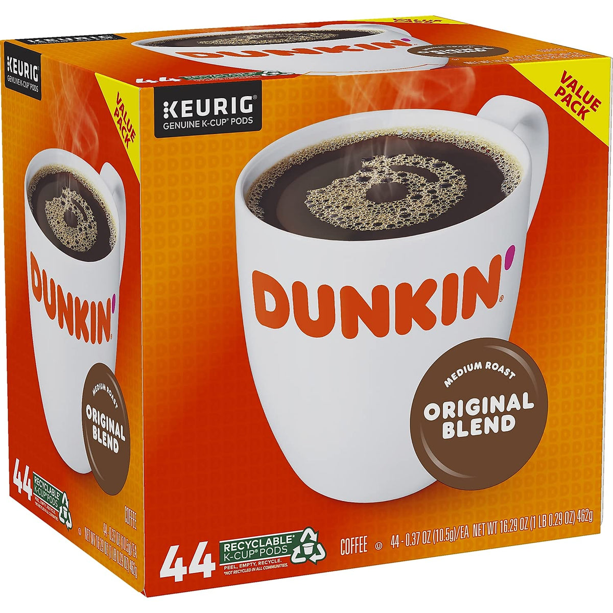 Dunkin' Original Blend K-Cup pods for Keurig brewers deliver smooth, consistent coffee.