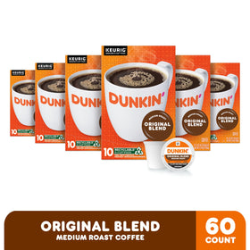 Dunkin Original Blend packaging close-up, premium medium roast ideal for quick home brewing.