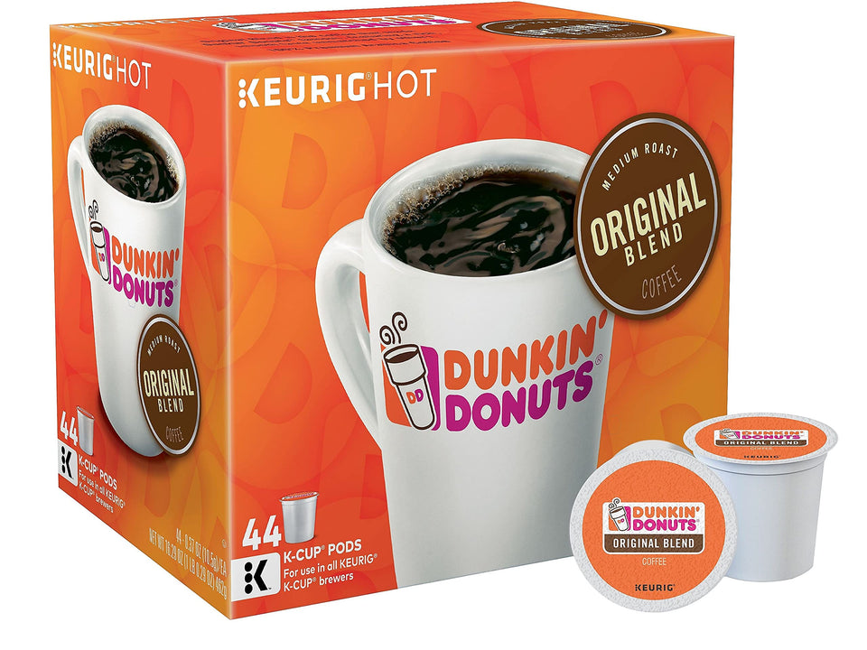Dunkin' Donuts Original Blend medium roast K-Cup pods in a 44-box for reliable office brews.