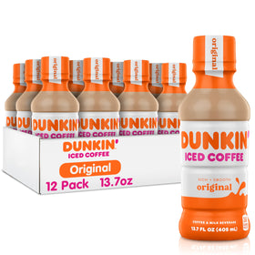 Dunkin Original Iced Coffee bottle front label highlights bold flavor and caffeine
