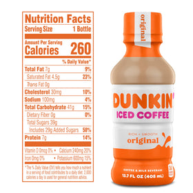 Nutrition facts on Dunkin Original Iced Coffee bottle with caffeine info