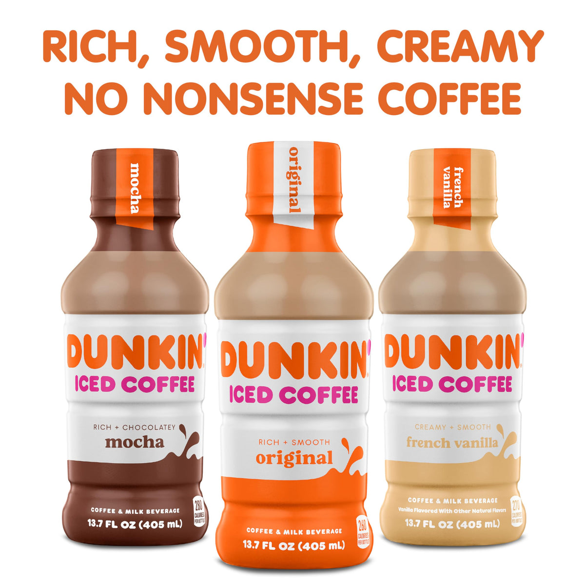 Side view of Dunkin Original Iced Coffee bottle emphasizes portable size