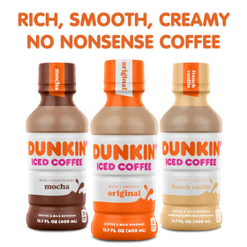 Side view of Dunkin Original Iced Coffee bottle emphasizes portable size