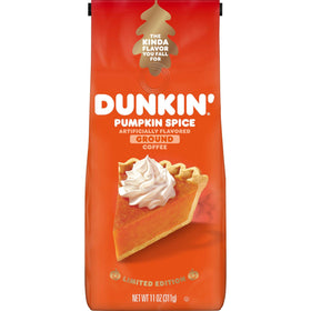 Dunkin Pumpkin Spice coffee bag highlighting autumn flavor for easy at-home brewing.