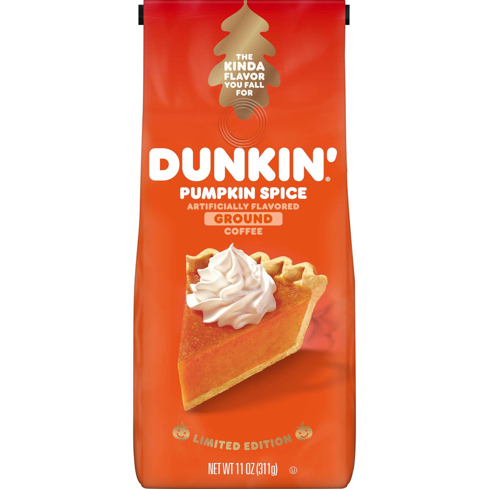 Dunkin Pumpkin Spice coffee bag highlighting autumn flavor for easy at-home brewing.