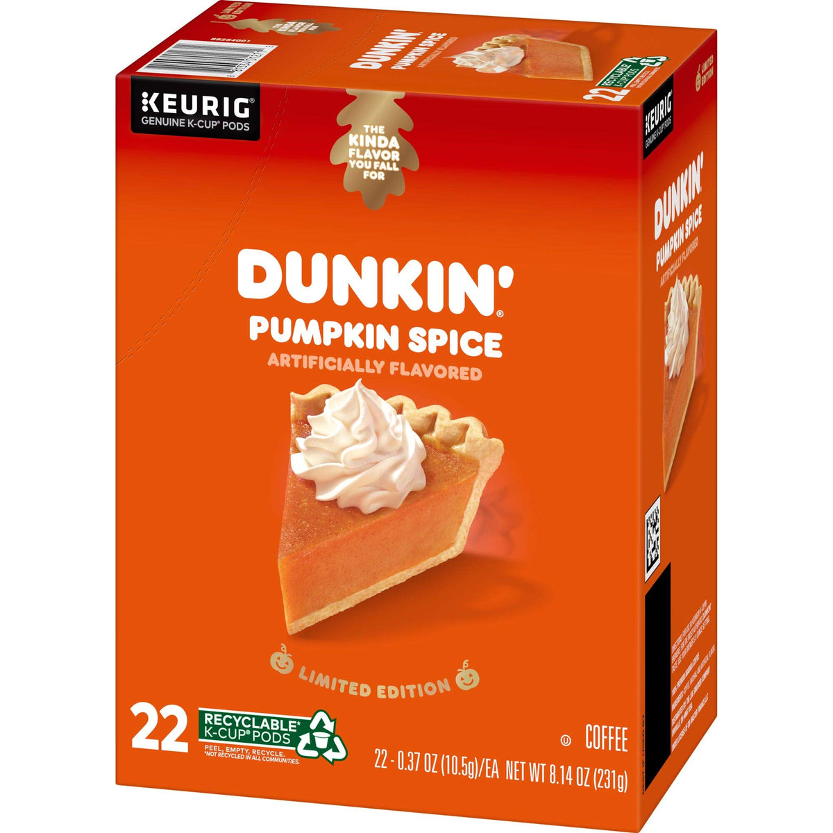 Dunkin Pumpkin Spice coffee box showing 22 pods for home enjoyment.