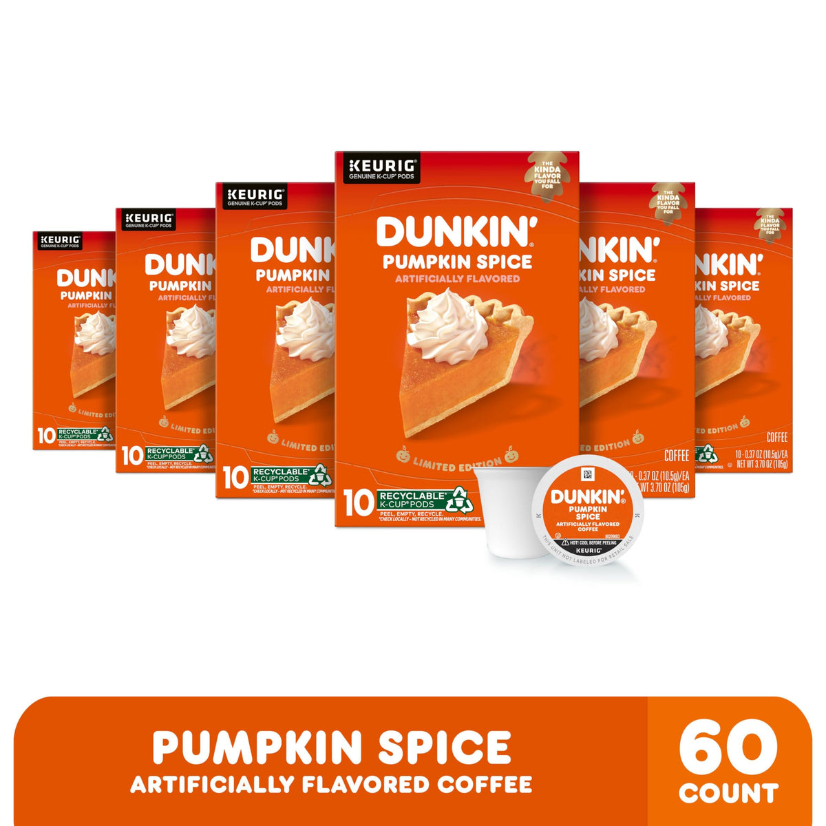 Dunkin Pumpkin Spice K-Cup pod close-up with warm aroma.