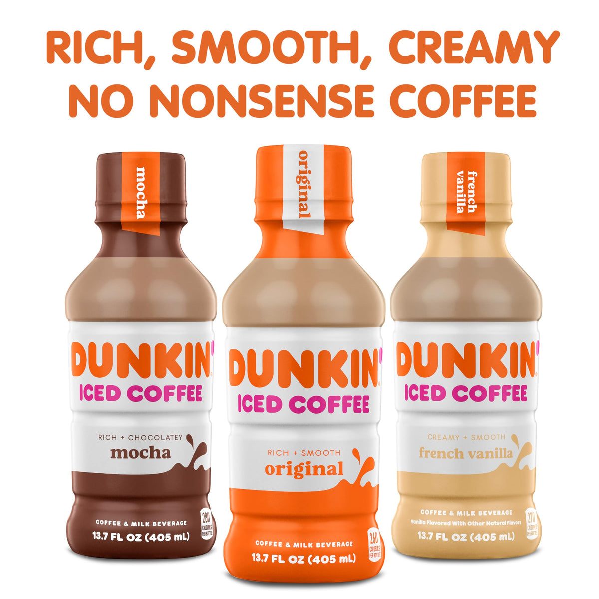 Rich, smooth Dunkin French Vanilla coffee-milk blend in a portable bottle.
