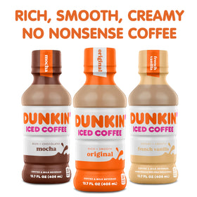 Rich, smooth Dunkin French Vanilla coffee-milk blend in a portable bottle.