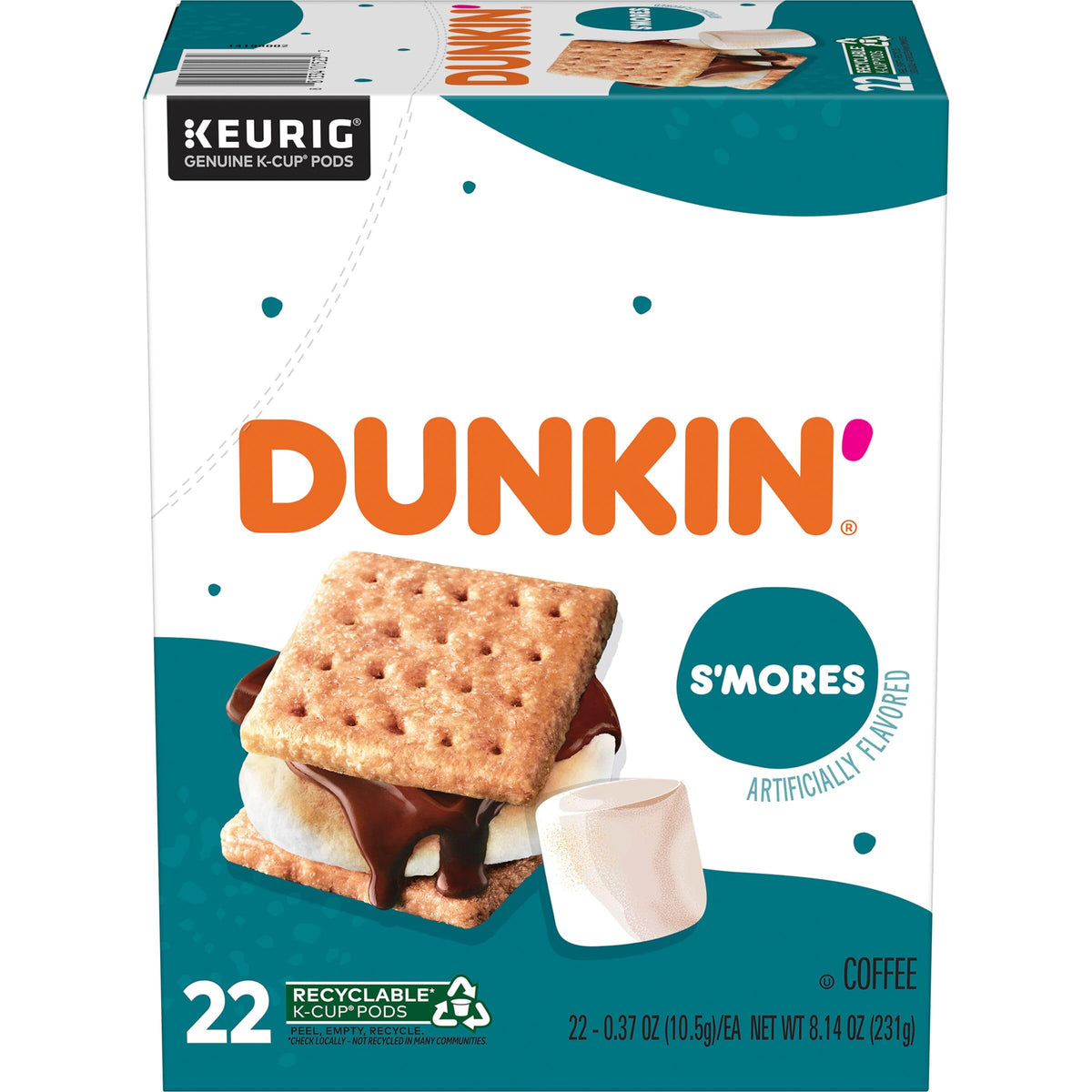 Dunkin S’mores coffee K-Cups box front, ideal for quick at-home indulgence.