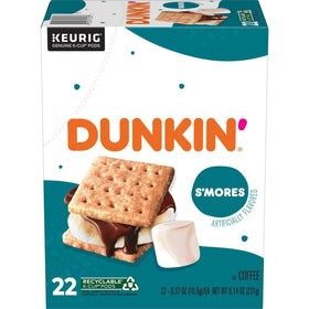 Dunkin S’mores coffee K-Cups box front, ideal for quick at-home indulgence.