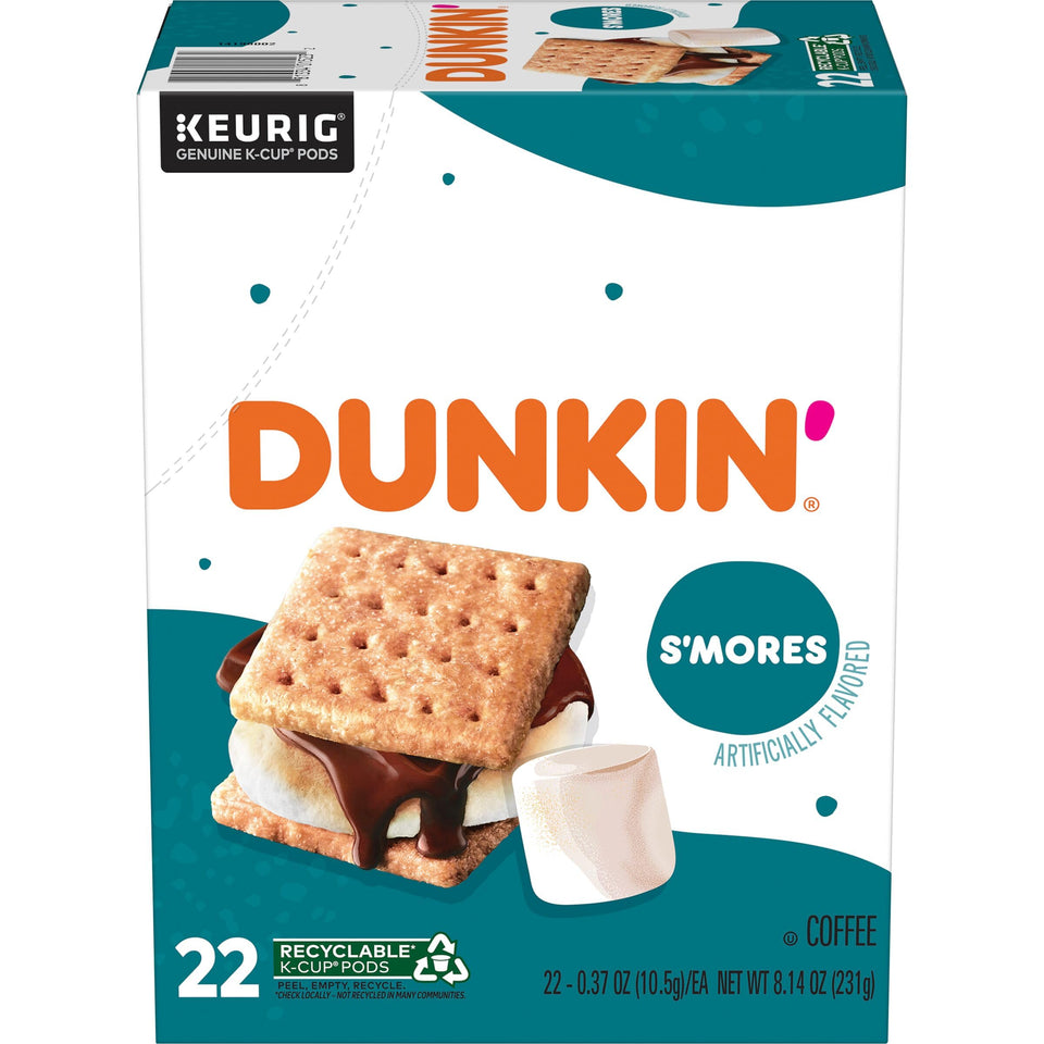 Dunkin S’mores coffee K-Cups box front, ideal for quick at-home indulgence.