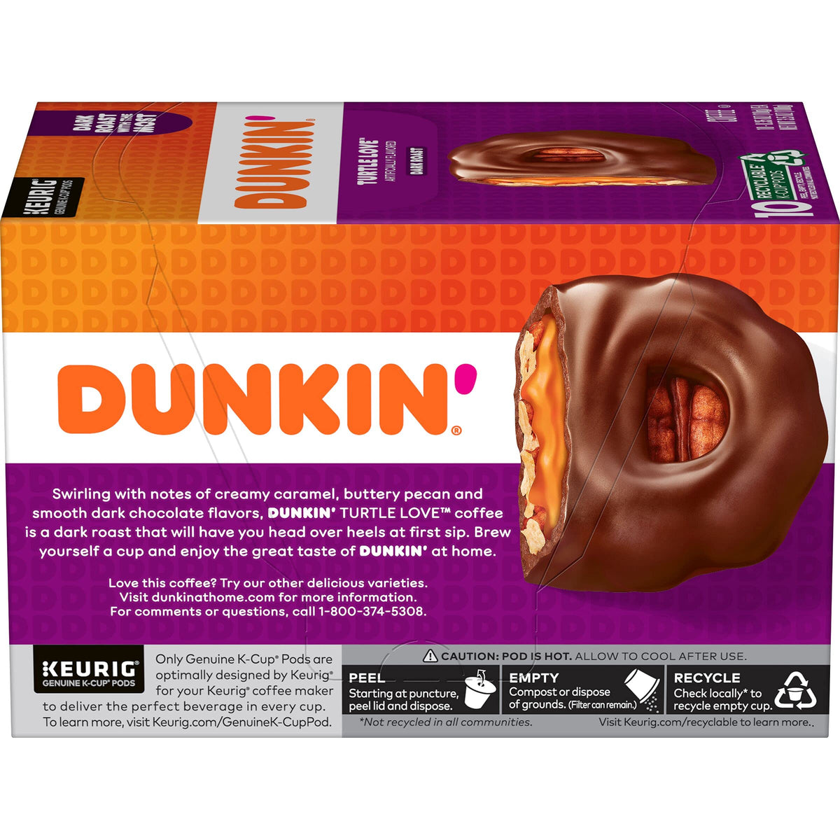 Dunkin Turtle Love six-pack boxes stacked for convenient home coffee supply