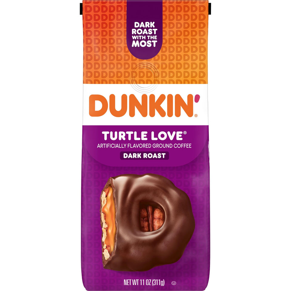 Dunkin Turtle Love ground coffee pack shot ready for home brew