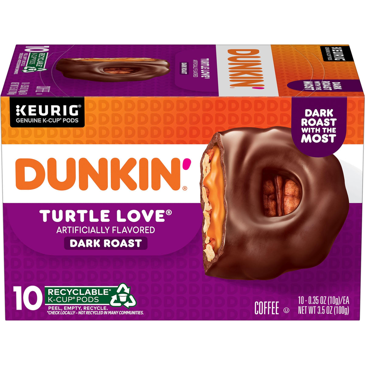 Dunkin Turtle Love packaging front showing a six-box bundle for home coffee