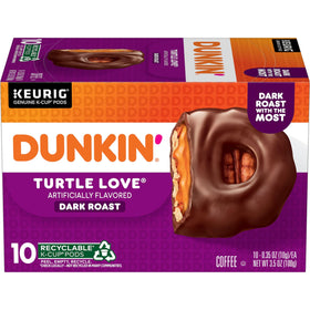 Dunkin Turtle Love packaging front showing a six-box bundle for home coffee