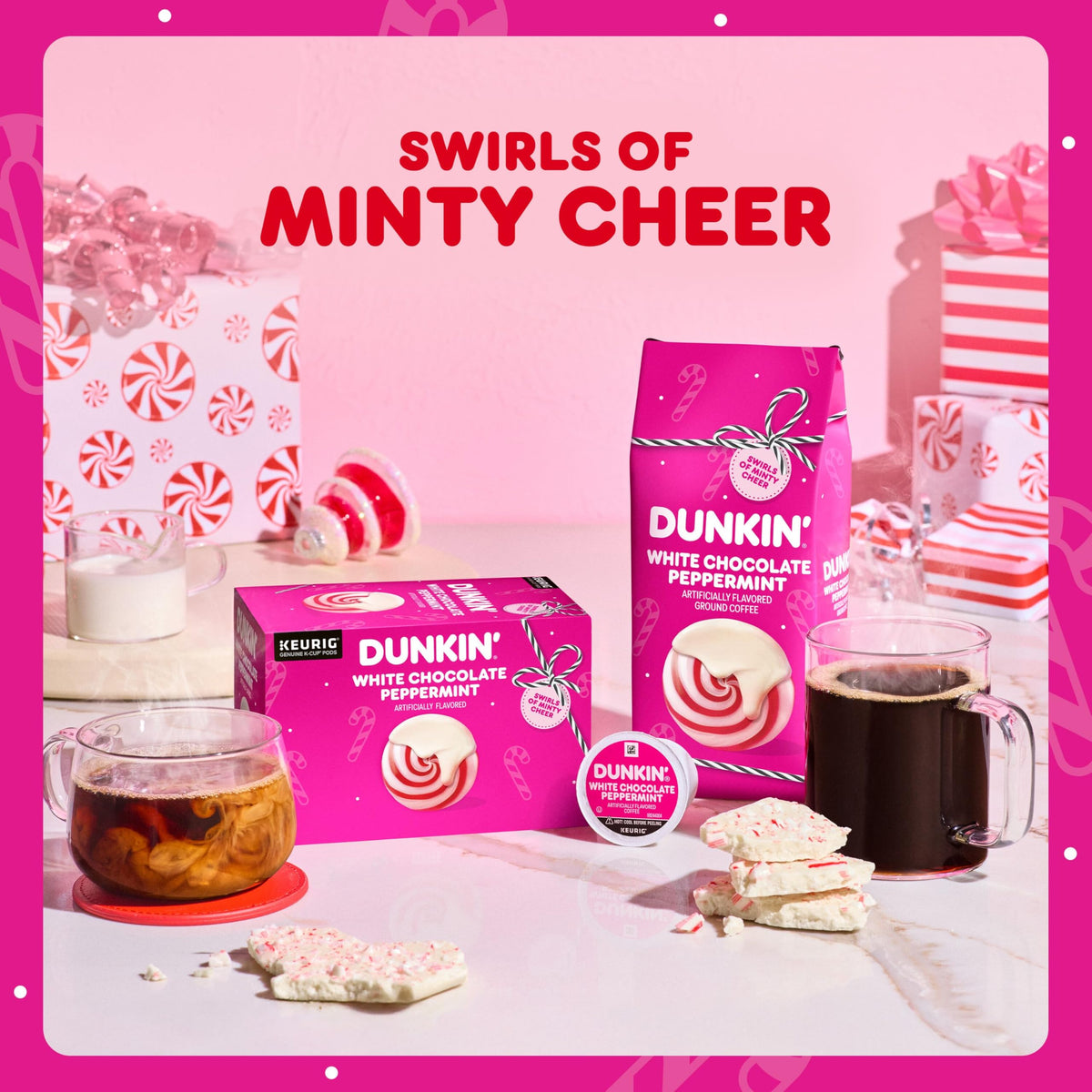 Dunkin White Chocolate Peppermint product label close-up authenticity.