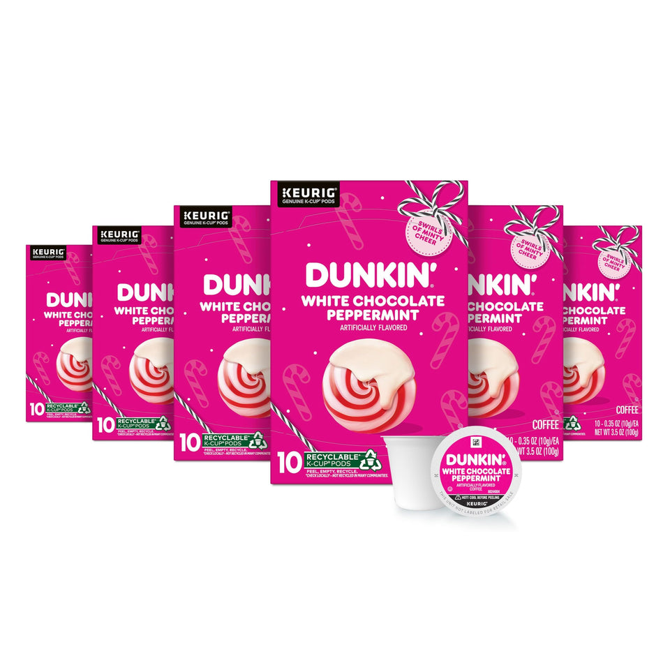 Dunkin White Chocolate Peppermint K-Cup box front for home brewing.