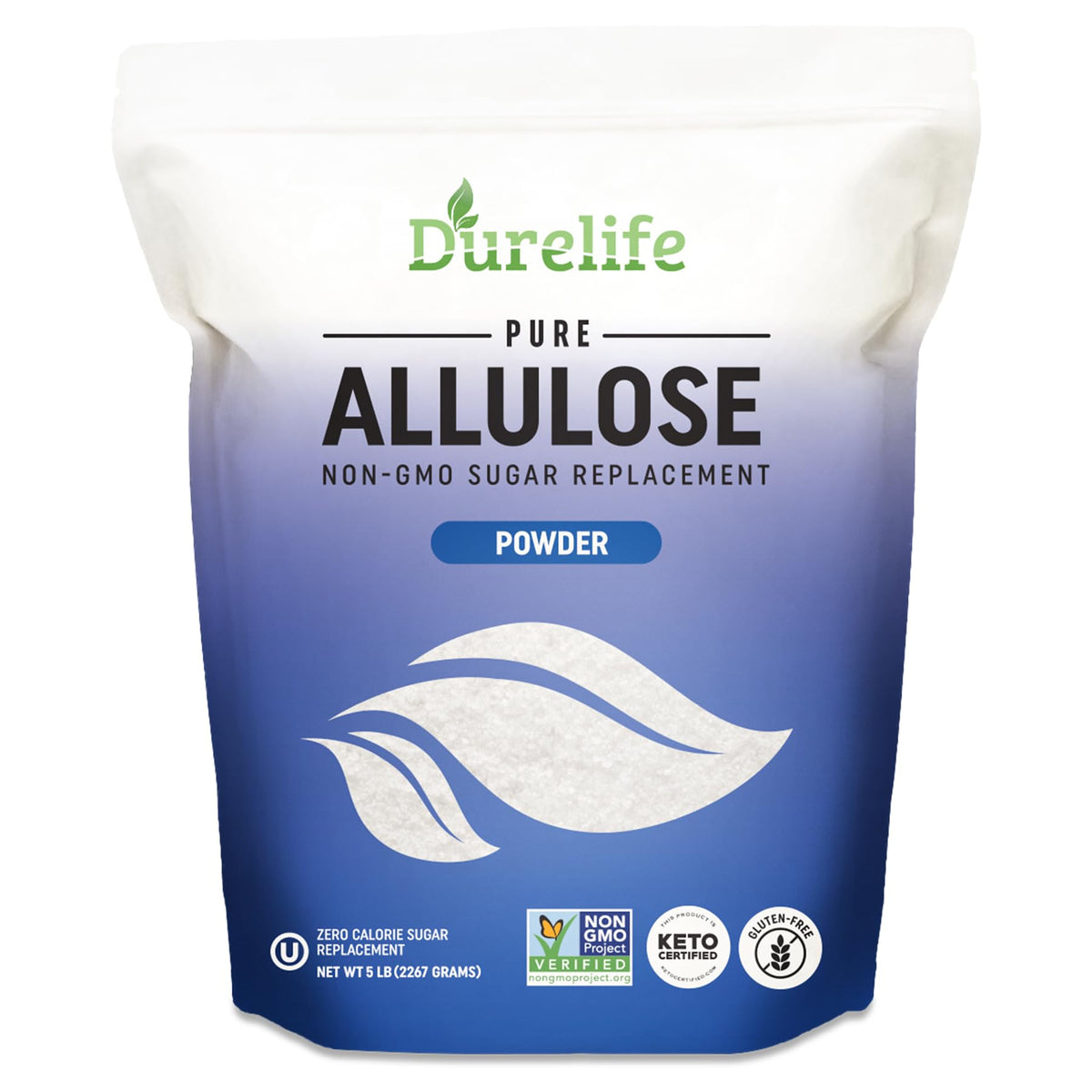 DureLife Allulose powder packaging front view showing zero-calorie sweetness.
