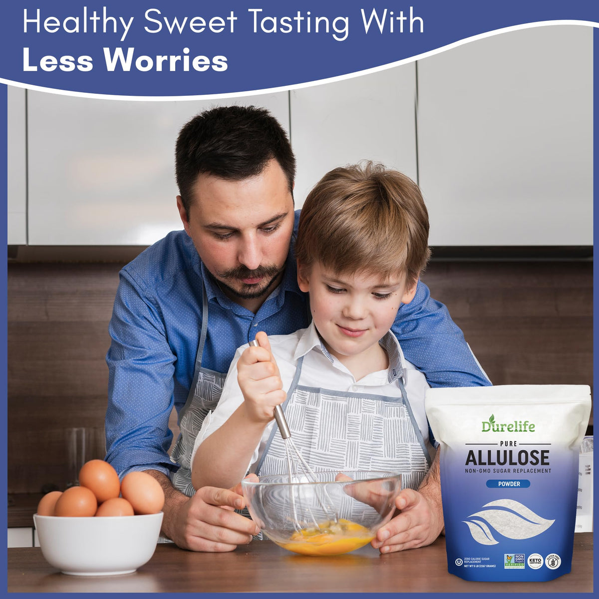 DureLife Allulose sugar substitute 3lb with scoop, ideal for low-calorie desserts