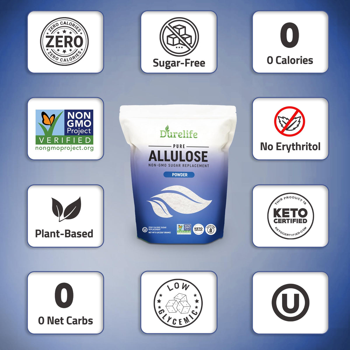 DureLife Allulose zero calories label highlights.