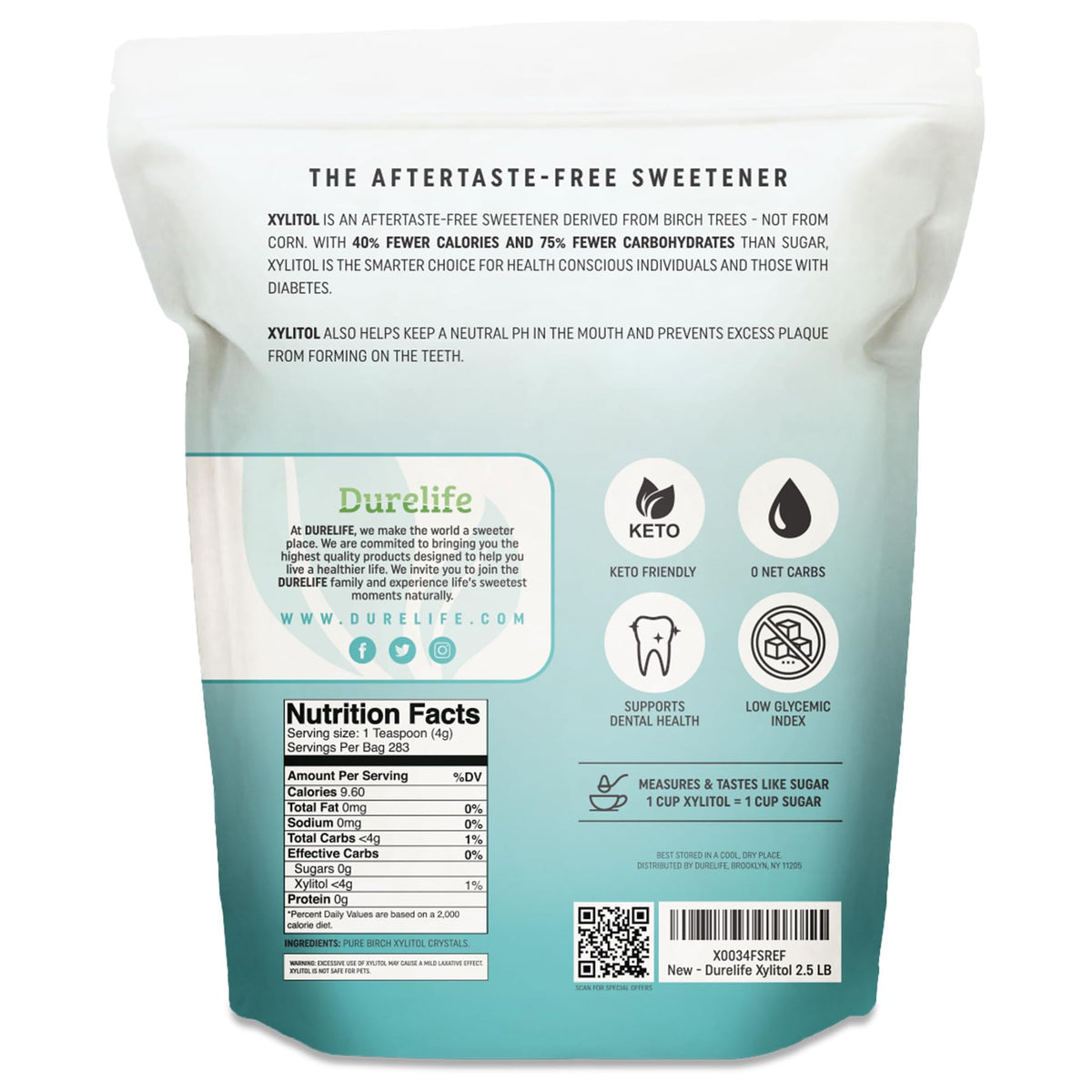 DureLife birch xylitol label closeup, non-GMO and kosher.