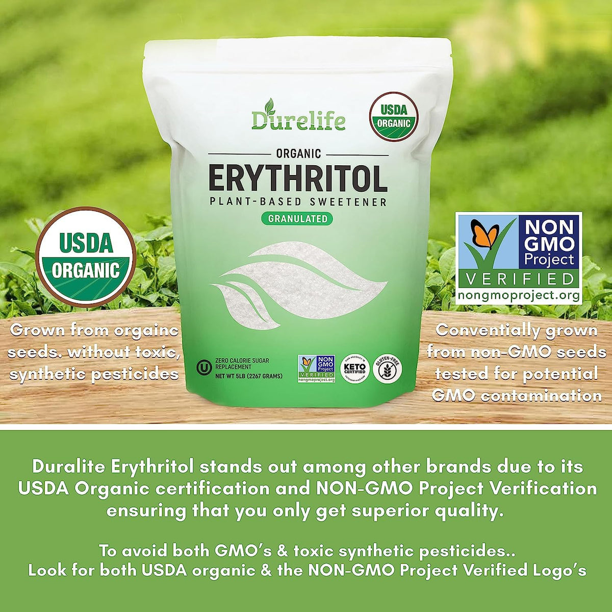 DureLife erythritol kitchen-drawer, gluten-free, non-GMO option for daily sweetening