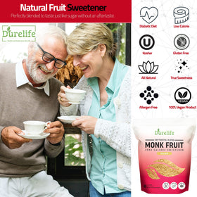 DureLife Golden Monk Fruit Sweetener packaging highlights zero calories.