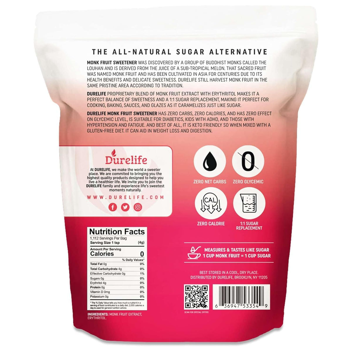 DureLife Golden Monk Fruit Sweetener bottle pour demonstrates easy 1:1 sugar replacement.