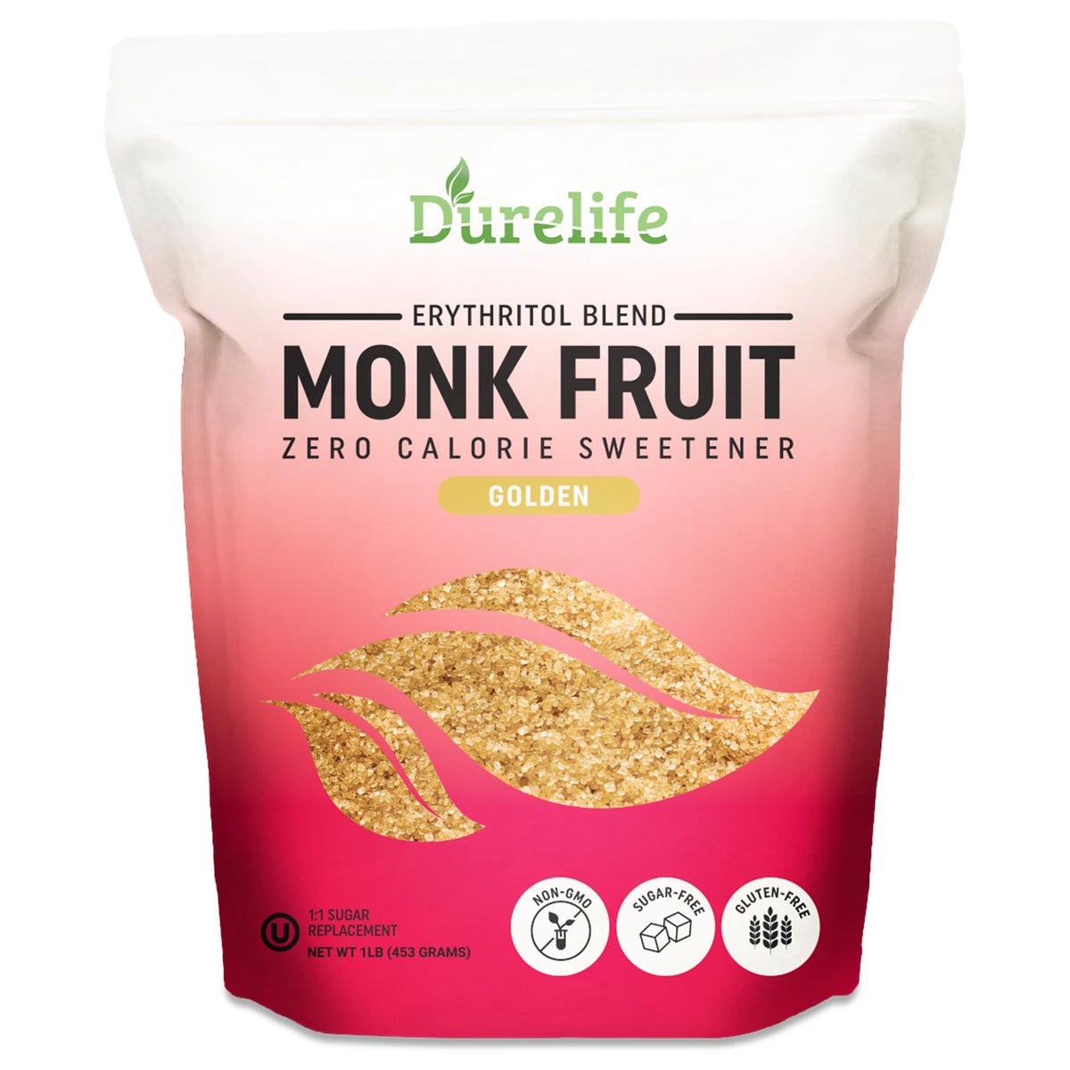 DureLife Golden Monk Fruit Sweetener bottle for sugar-free baking and coffee.