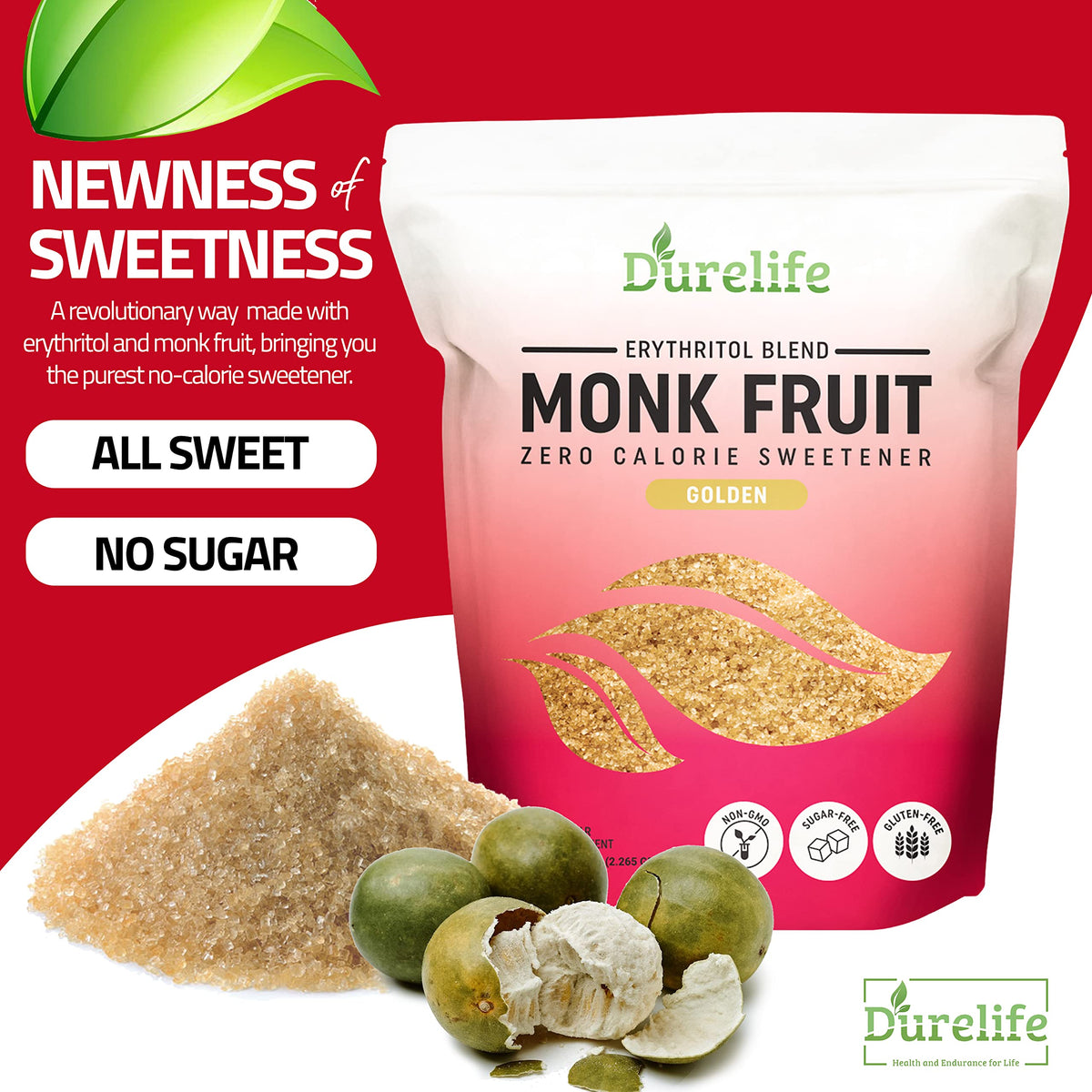 DureLife Golden Monk Fruit granules ready for everyday baking and desserts.